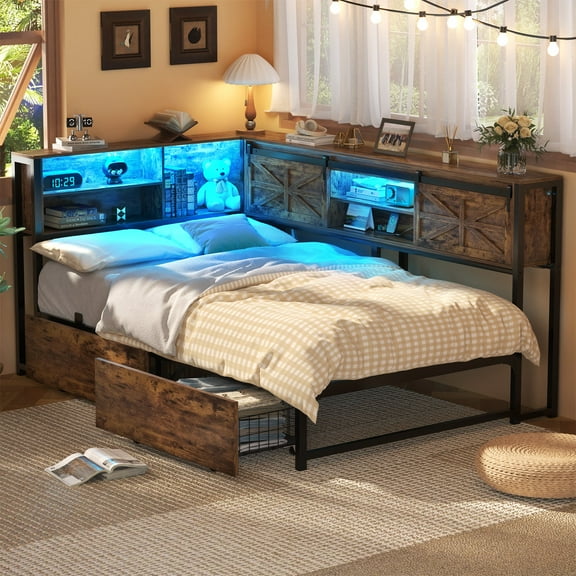 Farmhouse Twin XL Corner Daybed with 2 Drawers and Storage Headboard, L-Shaped Daybed with 2 Sliding Barn Doors, Power Outlet & LED Strip, Metal Platform Beds for Living Room/Bedroom, Brown