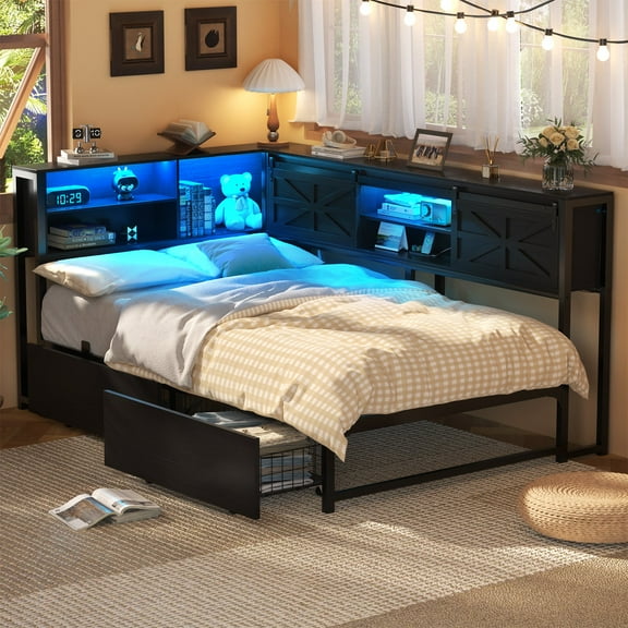Farmhouse Twin XL Corner Daybed with 2 Drawers and Storage Headboard, L-Shaped Daybed with 2 Sliding Barn Doors, Power Outlet & LED Strip, Metal Platform Beds for Living Room/Bedroom, Black