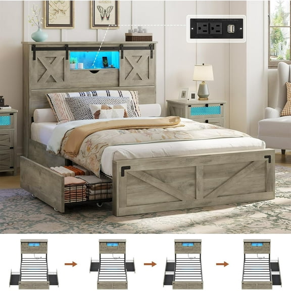 Farmhouse Twin XL Size Bed Frame with LED Lights, Charging Station, Wooden Twin XL Bed with Storage Bookcase Headboard, 2 Drawers, Country Rustic Bed Frame with Sliding Barn Door,Gray
