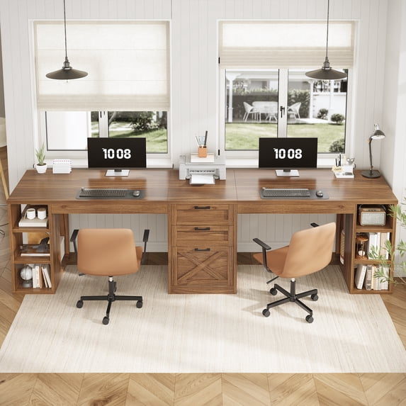 Farmhouse Two Person Computer Desk with 3 Drawers and Storage Shelves, 96.5" Long Home Office Desk