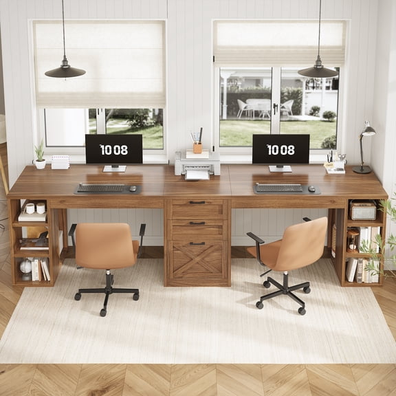 Farmhouse Two Person Computer Desk with 3 Drawers and Storage Shelves, 96.5" Long Home Office Desk