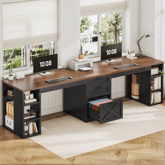 Farmhouse Two Person Computer Desk with 3 Drawers and Storage Shelves, 96.5" Long Home Office Desk