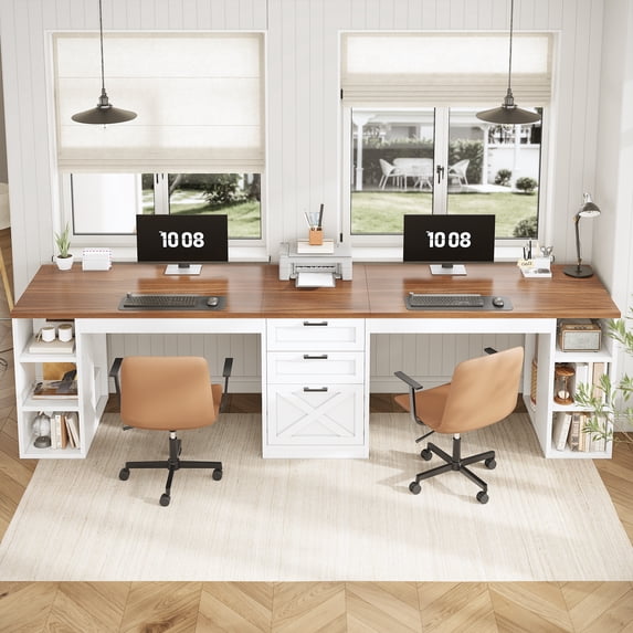 Farmhouse Two Person Computer Desk with 3 Drawers and Storage Shelves, 96.5" Long Home Office Desk