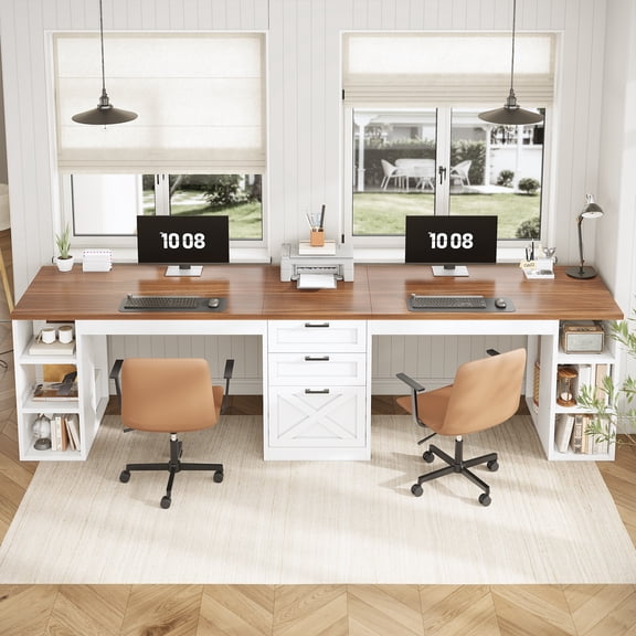 Farmhouse Two Person Computer Desk with 3 Drawers and Storage Shelves, 96.5" Long Home Office Desk