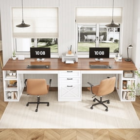 Farmhouse Two Person Computer Desk with 3 Drawers and Storage Shelves, 96.5" Long Home Office Desk