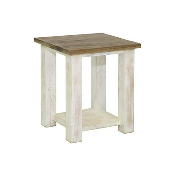 Farmhouse Two-Tone Antique White and Rustic Natural Finish Square End Table or Side Table, Solid Wood, Reclaimed Pine, W 20 x D 20 x H 24 Inches