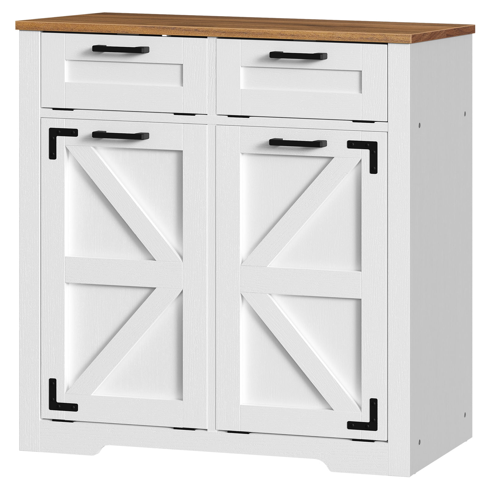 Farmhouse Two-Tone Laundry Hamper Cabinet with Extra Storage and Anti-Tip Kit, Rustic Storage Cabinet with Drawer, for Bathroom and Laundry Room Organization, White and Walnut WH39XY01