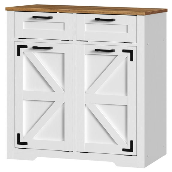 Farmhouse Two-Tone Laundry Hamper Cabinet with Extra Storage and Anti-Tip Kit, Rustic Storage Cabinet with Drawer, for Bathroom and Laundry Room Organization, White and Walnut WH39XY01