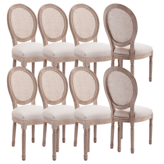 Farmhouse Upholstered Antique Painting Linen Accent Chairs, Retro Dining Chairs with Solid Wood Frame and Legs, Armless Kitchen Chairs with Round Back, Parson Chairs(Cream,Set of 8)