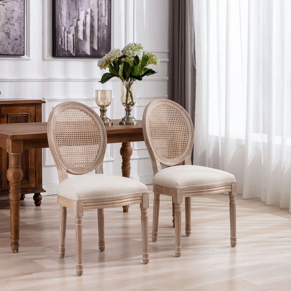 Farmhouse Upholstered Antique Painting Linen Accent Chairs, Retro Dining Chairs with Solid Wood Frame and Legs, Armless Kitchen Chairs with Round Back, Parson Chairs(Cream,Set of 2)