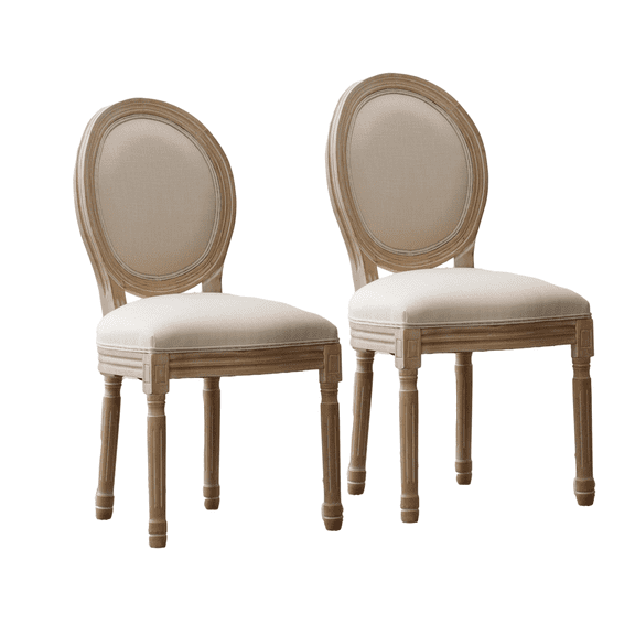 Farmhouse Upholstered Antique Painting Linen Barstools, Retro Dining Chairs with Solid Wood Frame and Legs, Armless Kitchen Chairs with Oval Back, Parson Chairs(Cream,Set of 2)