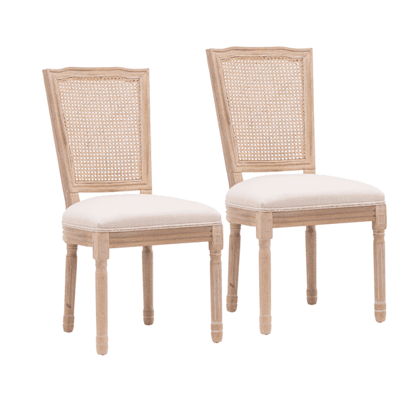 Farmhouse Upholstered Antique Painting Linen Dining Chairs, Retro Dining Chairs with Solid Wood Frame and Legs, Armless Kitchen Chairs with Square Rattan Back, Parson Chairs(Cream,Set of 2)