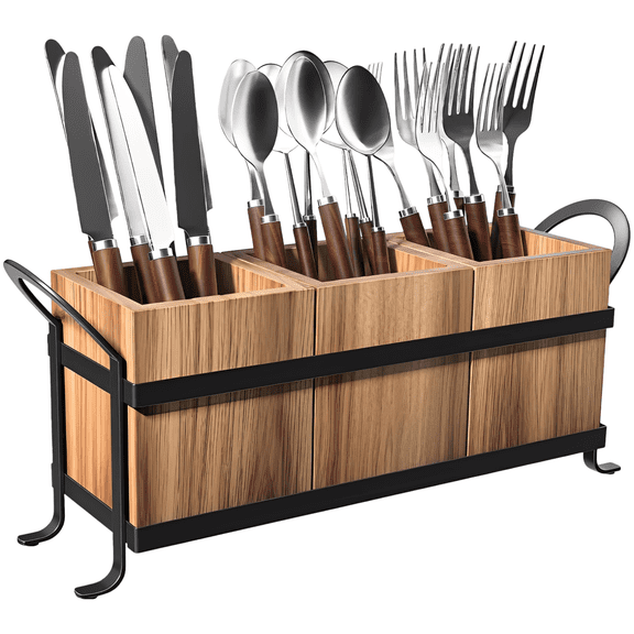 Wooden Utensil Caddy Organizer, Rustic Silverware Holder With 3 Compartments, Metal Handles, Kitchen Dining Party Cutlery Box, 13.2 X 5.7 X 5.5 In