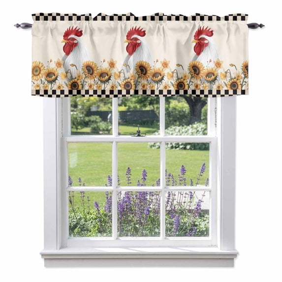 Farmhouse Valance Curtain Vintage Farm Chicken Sunflowers Black Plaid Beige Window Valances Rod Pocket Short Curtains Window Treatments for Kitchen Bedroom Bathroom Laundry 60" x 14"