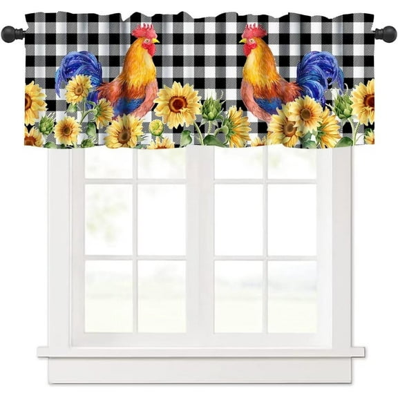 Farmhouse Valance Kitchen Curtains,Rustic Rooster Sunflower Black White Buffalo Plaid Rod Pocket Window Treatments for Living Room Bedroom Kitchen Bathroom Café,1 Panel,54" x 18"
