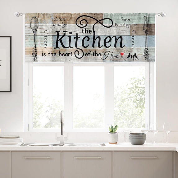 Farmhouse Valance Kitchen Curtains Rustic Teal Wooden Board Country Fork and Spoon Retro Vintage Wood Rod Pocket Funny Quotes Bedroom Living Room Treatment Fabric 1 Panel 52Wx18H Inch
