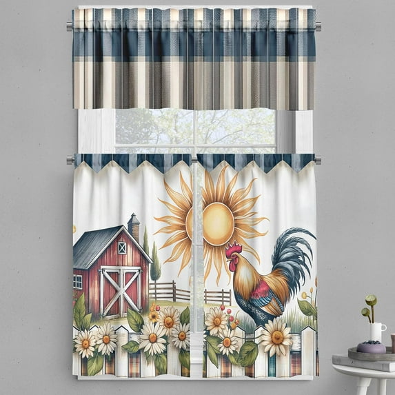 Farmhouse Valance & Tier Curtain 3 pcs Set, Cottagecore Farm Life Pattern with Tartan Rooster Barn and Garden, Window Treatments for Kitchen Room Decor, 55" x 24", Slate Blue Orange Green