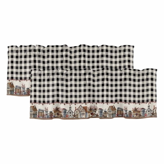 Farmhouse Valances for Windows, Decorative Rod Pocket Window Valance Curtains, American Country Star Barn Black Plaid Berry Short Curtain Drapes for Kitchen/Living Room, 2 Panels, 60" W x 18" L