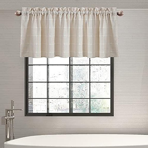 Farmhouse Valances for Windows, Light Filtering Linen Plaid Curtain Valances, Semi Sheer Window Valance for Kitchen Bedroom Bathroom Living Room (Light Beige, 52" x 18")