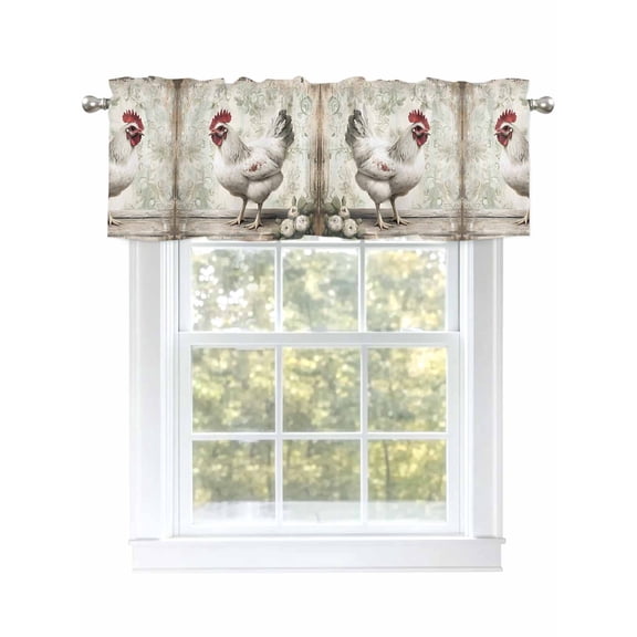Farmhouse Valances for Windows, Rod Pocket Kitchen Valance Curtains - Soft & Washable Small Window Treatment for Living Room,&nbsp;Bathroom, White Chicken Country Style, 54x18inch