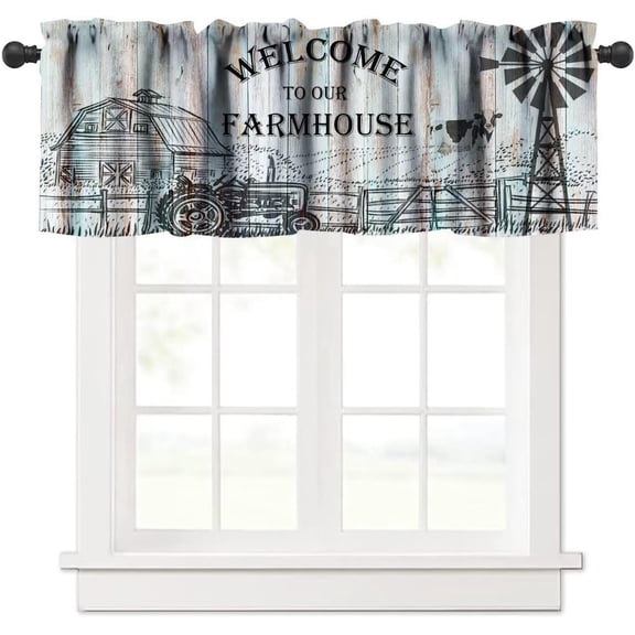 Farmhouse Valances for Windows, Rustic Farm Animal Cow Vintage Western Farm Windmill Barn Door Print Short Window Curtain for Living Room Kitchen,54x18in