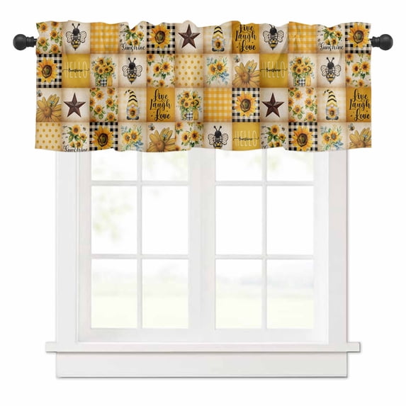 Farmhouse Valances for Windows Sunflower Gnome Bee Star Yellow Buffalo Plaid Patchwork Rod Pocket Curtain Valance Window Treatment Short Curtains for Kitchen Living Room, 42"x18"