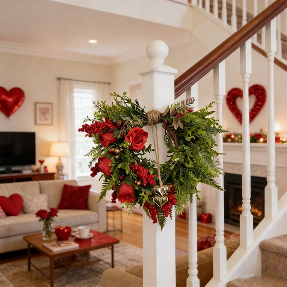 Farmhouse Valentine Heart Wreath Artificial Red Roses Berry Decorations Holiday Hanging Ornament - Long-Lasting No-Maintenance Photo Wall Focal Point Decor