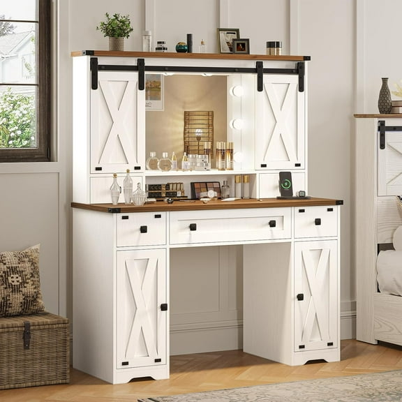Farmhouse Vanity Desk with Charging Station, Makeup Vanity Table with Mirror and Lights and Drawers, Dressing Table with Cabinets&Door for Bedroom, White