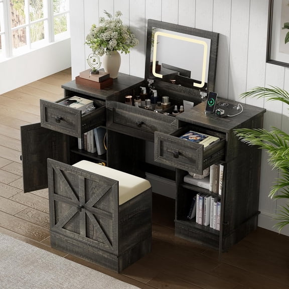 Farmhouse Vanity Desk with Flip Top Mirror and Lights, Makeup Vanity Table with 2 Adjustable cabinets,2 Drawers and Hidden Storage Stool, Charging Dressing Table Set for Bedroom,Rustic Oak
