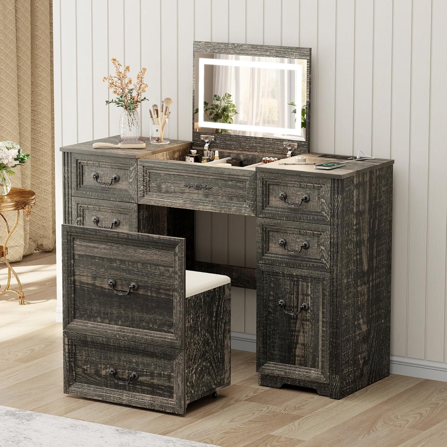 Farmhouse Vanity Desk with Flip up Vanity Mirror and Lights,Rustic ...