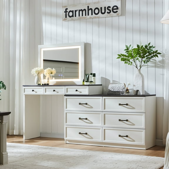 Farmhouse Vanity Desk with Glass Top, Corner Makeup Vanity Set with 30" HD Led Mirror and 3 Color Available Lights, 9 Storage Drawers, Wood Vanity Table for Bedroom