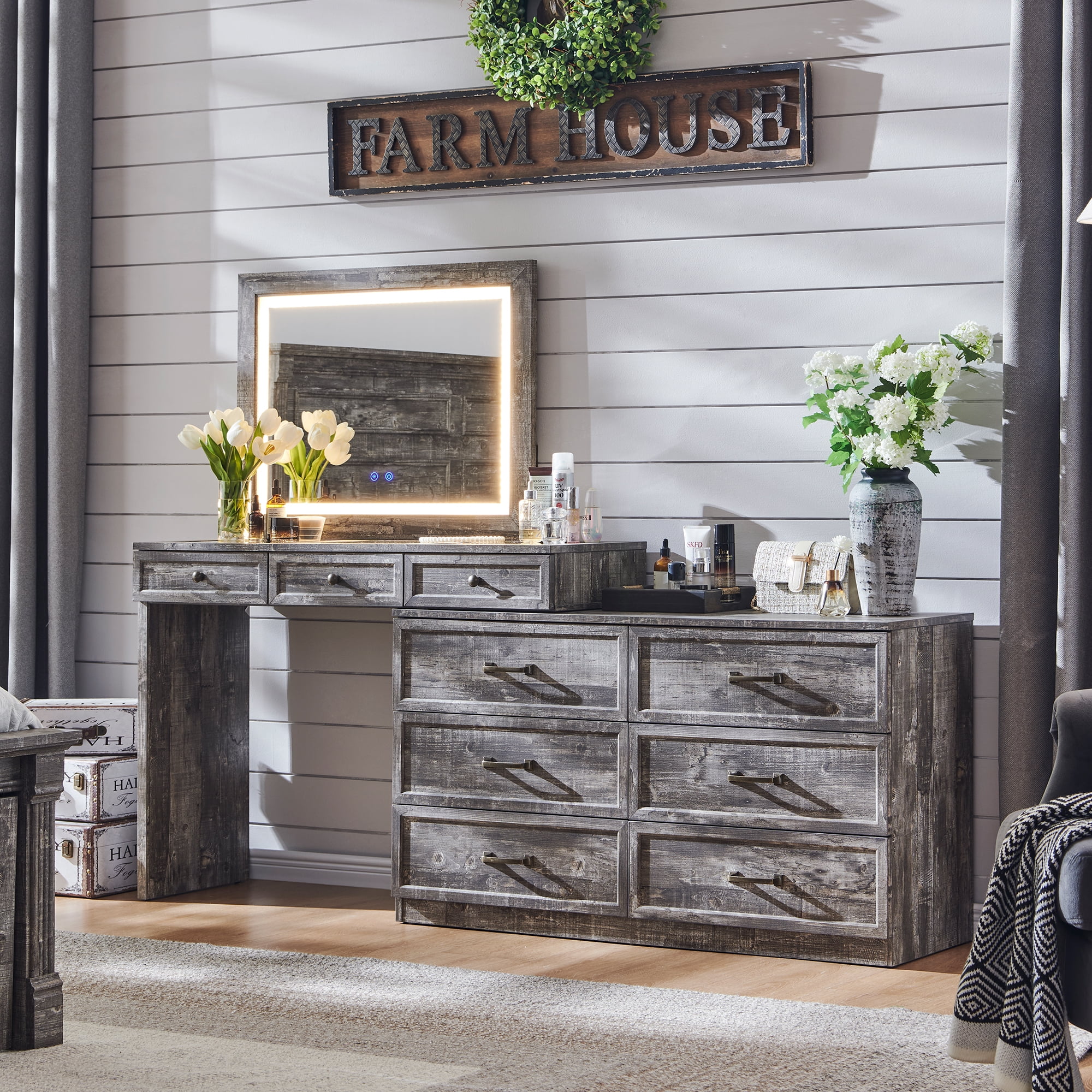Farmhouse Vanity Desk with Glass Top, Corner Makeup Vanity Set with 30" HD Led Mirror and 3 Color Available Lights, 9 Storage Drawers, Wood Vanity Table for Bedroom