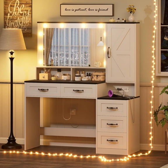 Farmhouse Vanity Desk Makeup Table with Mirror and 10 Lights, 45.3" Large Vanity Desk with Power Outlet, 5 Drawers, 1 Cabinet & 9 Jewelry Hooks, Dressing Table for Women Girls White & Black
