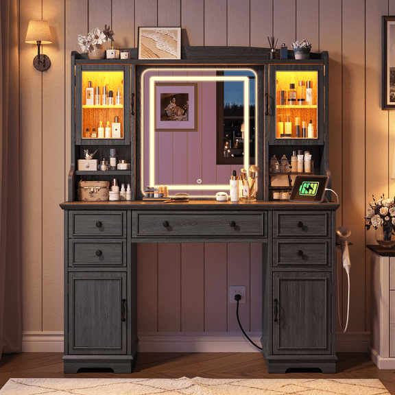 Farmhouse Vanity Desk Makeup Vanity with Mirror and Lights Large Dressing Table with 5 Drawers, Open Shelves, Power Outlet, 3 LED Lights Modes, Black