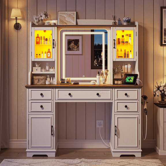 Farmhouse Vanity Desk Makeup Vanity with Mirror Large Dressing Table with 5 Drawers, Open Shelves, Power Outlet, 3 LED Lights Modes, White