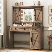 Farmhouse Vanity Desk with Mirror and Lights, 41" Sliding Door Makeup Vanity with Charging Station, Large Vanity Table with Drawers,Storage Shelves Storage Cabinet,Rustic Oak