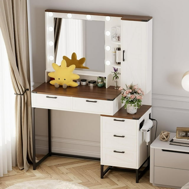 Farmhouse Vanity Desk with Mirror and Lights, Makeup Vanity with Power