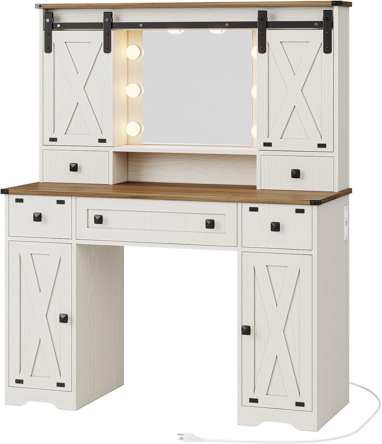 Farmhouse Vanity Desk with Mirror and Lights White Makeup Dressing