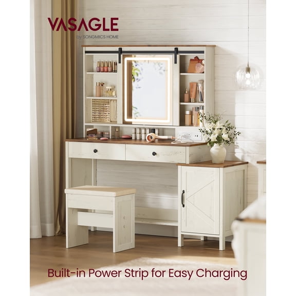 VASAGLE LIRY Collection - Vanity Desk with Mirror and Lights, Farmhouse Makeup Vanity with Stool, Charging Station, 2 Drawers, Jewelry Storage, for Bedroom, Rustic White and Honey Brown