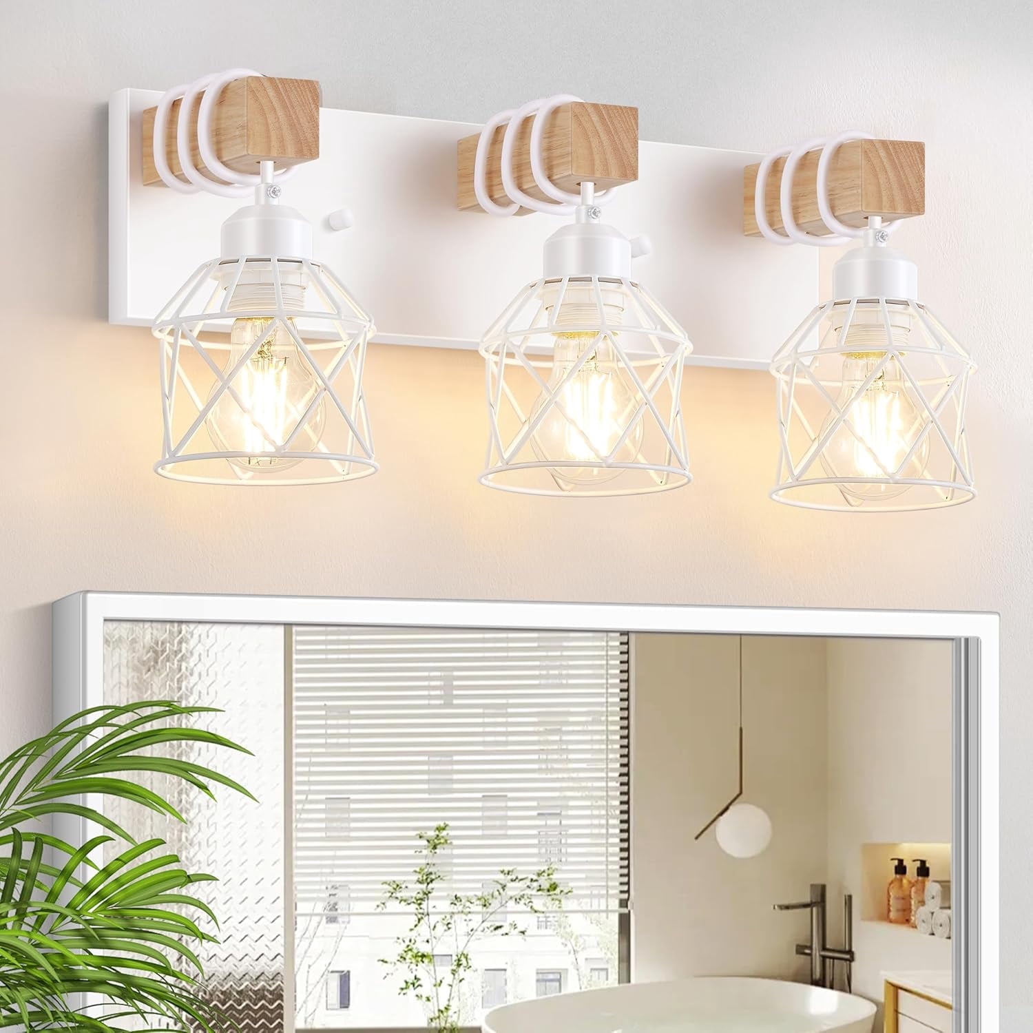 Farmhouse Vanity Light for Bathroom, 3-Light White Wood Bathroom Vanity Light Fixtures Over Mirror, Rustic Sconces Wall Lighting with Metal Lampshade for Living Room, Bedroom, Hallway