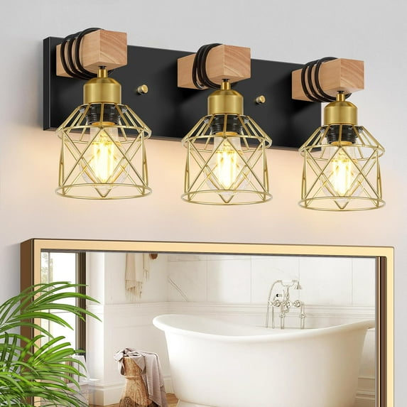 Farmhouse Vanity Light for Bathroom 3-Light Wood Bathroom Vanity Light Fixtures over Mirror Black Gold Rustic Wall Sconce with Cage Metal Lampshade Vintage Wall Lights for Bedroom, Living Room, Hal