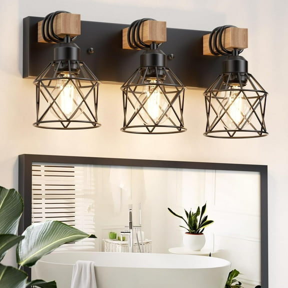 Farmhouse Vanity Light for Bathroom, 3-Light Wood Bathroom Vanity Light Fixtures Over Mirror, Black Rustic Wall Sconce with Cage Metal Lampshade, Vintage Wall Lights for Bedroom, Living Room, Hallway