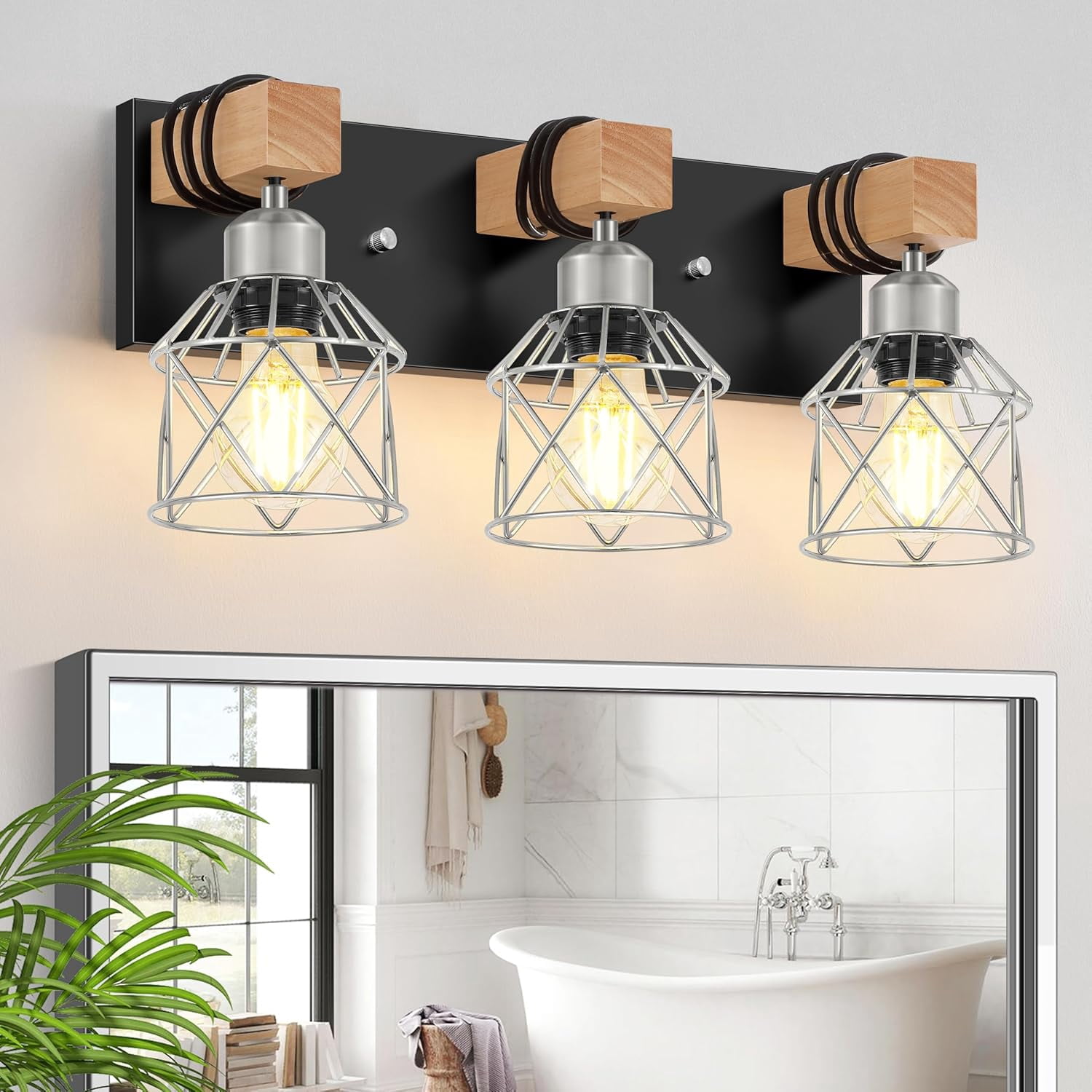 Farmhouse Vanity Light for Bathroom, 4-Light Rustic Wood Black Bathroom Light Fixtures with Elegant Silver Metal Cage, Vintage Vanity Lights Over Mirror for Living Room Bedroom Hallway