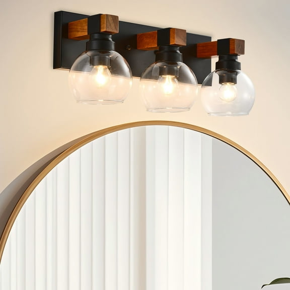 Farmhouse Vanity Light with Wood & Glass Shades - 3-Light Rustic Bathroom Sconce in Matte Black