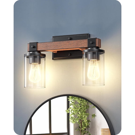 Farmhouse Vanity Lights for Bathroom, 2-Light Bathroom Vanity Light Fixtures Over Mirror, Painted Wood Bath Wall Sconces Lamp with Clear Glass Shade for Bedroom, Powder Room