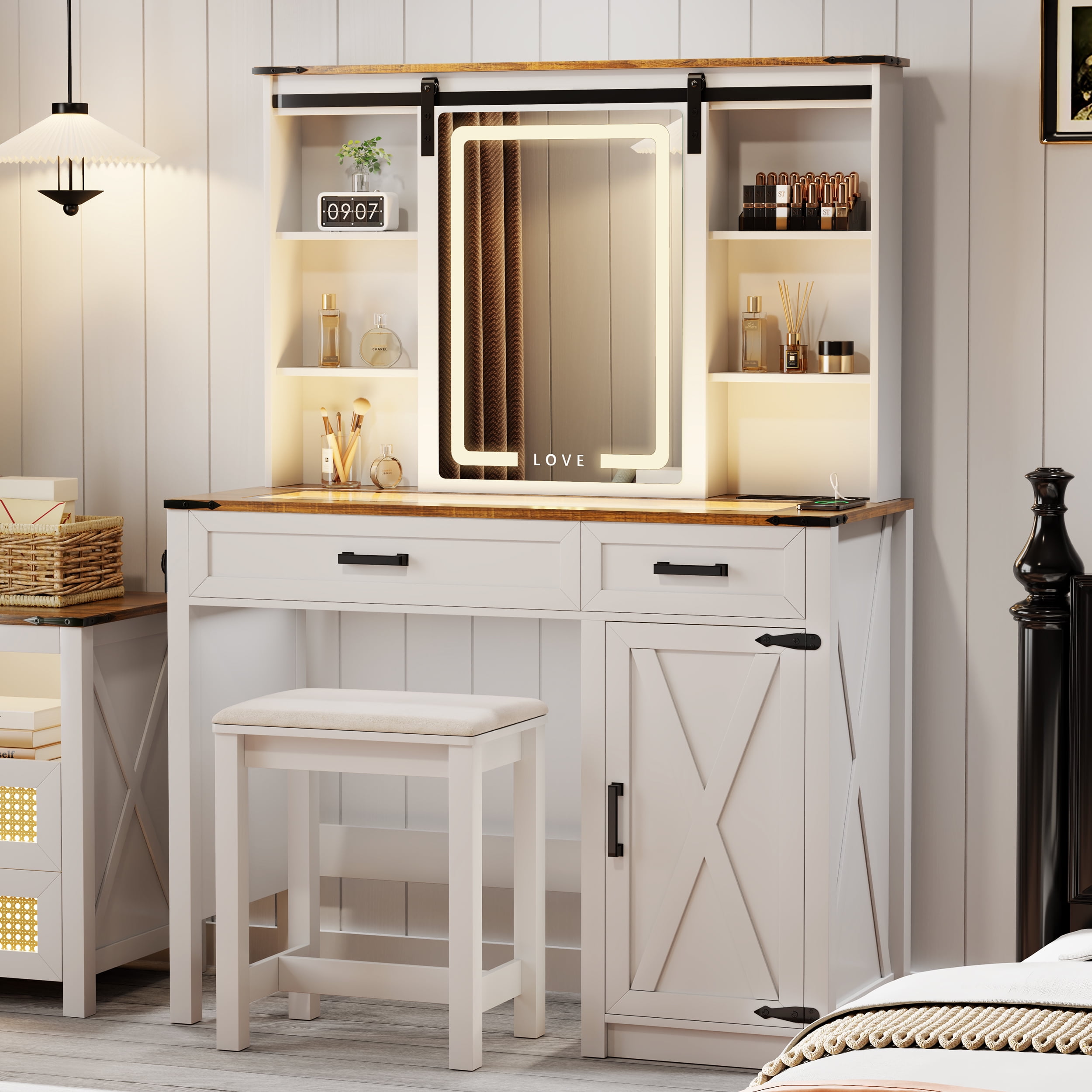 Farmhouse Vanity with Mirror and Lights (Stool Included), Rustic Glass