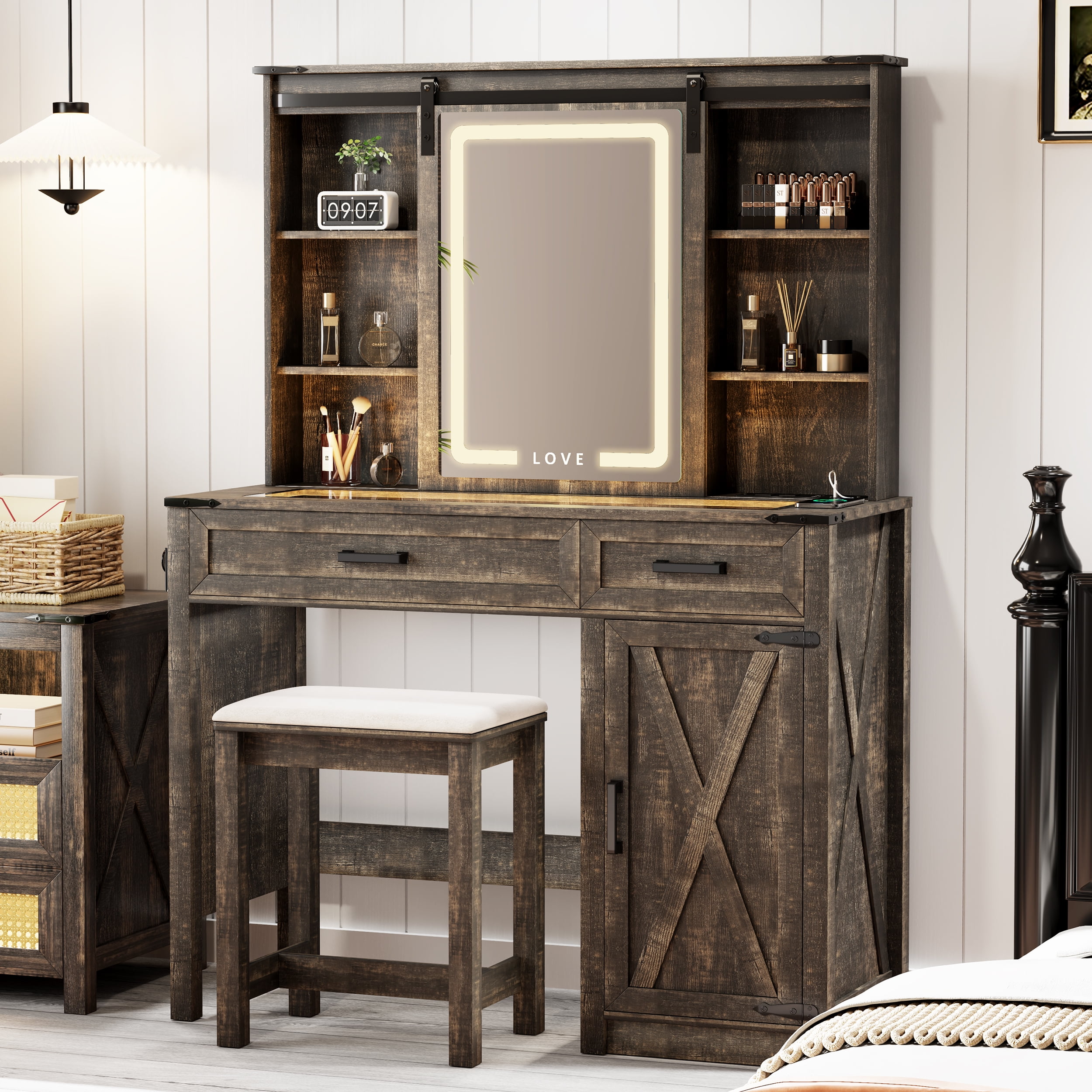 Farmhouse Vanity with Mirror and Lights (Stool Included), Rustic Glass