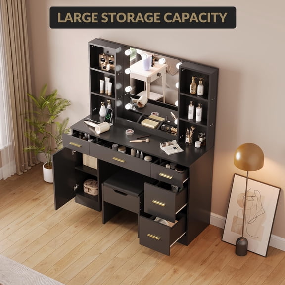 Farmhouse Vanity Set with Lighted Mirror – 56-Inch Modern Makeup Vanity with Charging Station & Ample Storage Shelves for Women & Girls Bedroom, 3 Lighting Modes with Adjustable Brightness