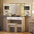 thumbnail image 1 of Farmhouse Vanity Table with Sliding Shelf,Makeup Dressing Desk with Cushioned Stool Set,Bedroom Vanities Set with LED Lighted Mirror & Charging Station,White, 1 of 7