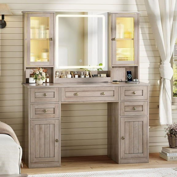 Farmhouse Gray Makeup Vanity Set with Mirrors and Light, Glasstop Vanity Table with Charging Station, Dressing Table with 5 Drawers and 2 Rgb Cabinets,Bedroom Furniture, Girls Gift